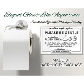 Essentials for Hosts–Please Be Gentle, Do Not Flush Any Sanitary Products Sign–4"x6" Acrylic Bathroom Sign with Mounting Tape – Septic System Care Reminder for Bathrooms – Durable, Easy-to-Read Design