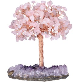 Nupuyai Natural Rose Quartz Gemstone Tree Raw Stones Decorative Feng Shui Money Tree Figures for Desk and Altar, Crystal Tree with Amethyst Druze Cluster Crystal Base