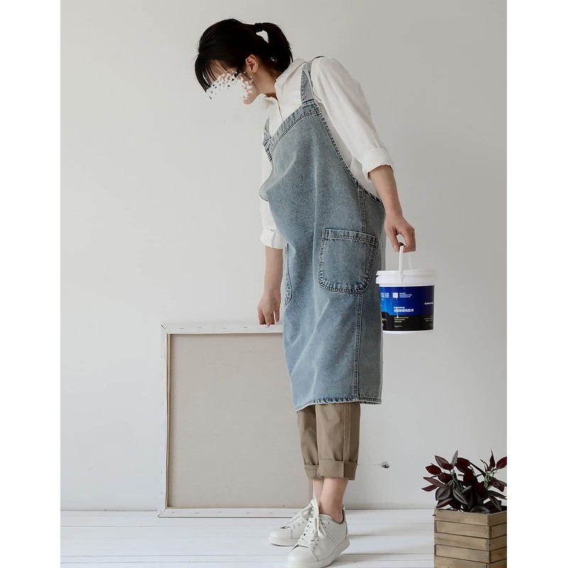 Denim Cotton Canvas Cross Back Aprons Solid Color Shop Kitchen