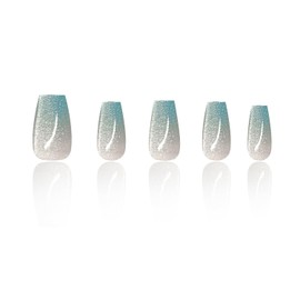 Press on Nails Medium Square Sea Styles Fake Nails Blue Gradient False Nails with Designs Full Cover Glossy Glue on Nails Acrylic Nails Handmade Manicure Artificial Nails for Women Girls 24Pcs