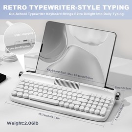YUNZII Upgraded Wireless Keyboard, Retro Keyboard Typewriter Style with Integrated Stand, USB-C/Bluetooth Keyboard with Cute Round Keycaps for Multi Device for Win/Mac (B309, Snow White)