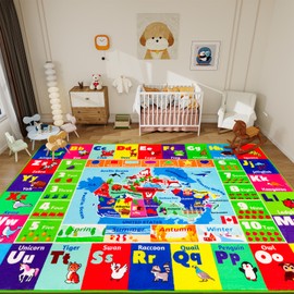 LTKOUGFAM ABC Kids Rug Canada Map Educational Mat for Playroom, 150×100CM Geography Rug Classroom Carpet Alphabet Province Animal Shape Season Anti-Slip Play Mat Learning Carpet for Toddlers Children
