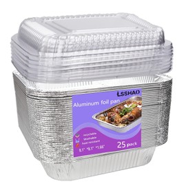 lsshao Aluminum Pans 8" x 8" (25 Pcs) Disposable Foil Pans - 8 Inch Square - Tin Foil Pans Great for Cooking, Heating, Storing, Prepping Food with lids