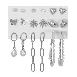Combo 9 Pair Fashion Stylish Silver Korean Huggie Hoop Stud Dangle Earrings Women Jewellery