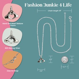 FashionJunkie4Life Sterling Silver Hand Heart Necklace, 18" Chain | Gifts for Men & Women | Birthday Gift for Men and Women