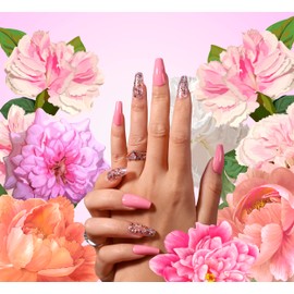 Honey Nail Glam Luxury Press On Nails | Pretty In Pink Bling Paradise Collection in 12 Sizes | 24 Nail Kit with Glue