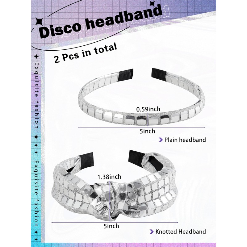 2 Pcs 70s Silver Disco Headband for Women, Halloween Costume,
