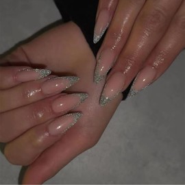 IQXGE Acrylic French Tip Press on Nails Almond Medium Acrylic Nails Press Ons Full Cover Glue on Fake Nail with Silver Glitter Designs Nude French Artificial False Nail Tips for Women