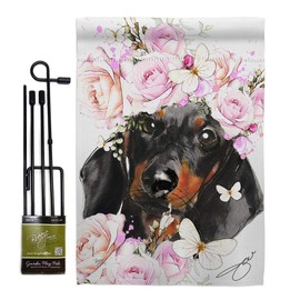 Dog Dachshund Floral Garden Flag Set with Stand Animals Puppy Spoiled Paw Canine Fur Pet Nature Farm Animal Creature Small Decorative Gift Yard House Banner Double-Sided Made In USA 13 X 18.5