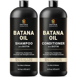 INFINA ESSENTIALS - Juego de champú y acondicionador de aceite de batana | 16 onzas líquidas cada uno | con biotina y árbol de té | Fórmula hidratante