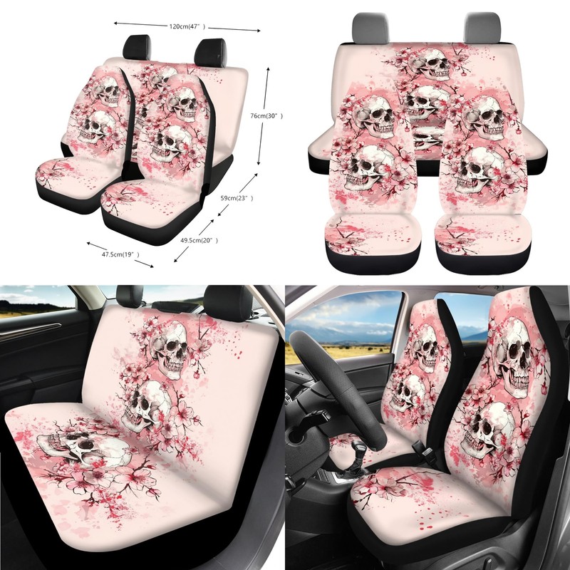 STUOARTE Skull Cherry Blossom Printed Car Seat Cover Full Set,