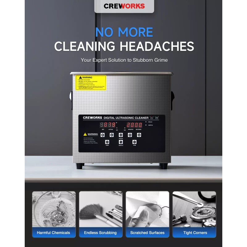 CREWORKS 3L Ultrasonic Cleaner Industry Heated w/Timer Jewelry Ring Glasses