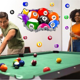 Billiards 3D Wall Stickers Decor Sport Ball Wall Sticker for Boys Pool Room Decor Large Billiards Wallpaper Graphic Balls Wall Art Mural Decals for Kids Bedroom Toddlers Playroom Decoration
