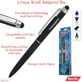 1.0mm RORITO Touchmate BLUE Ballpoint Pen With Touchmode For Mobile Tabs iPads (BLACK Body Shade)