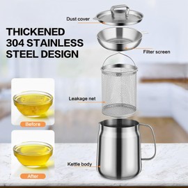 Stainless Steel Oil Strainer Pot, 68oz Oil Filter Pot, 2 in 1 Oil Strainer Pot Fryer, Versatile Oil Filter Vessel, Bacon Grease Container with Strainer & Deep Fryer Basket,