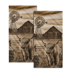 Highland Cow Hand Towels Set of 2 Farmhouse Cattle Decorative Fast Drying Dish Cloths Soft Fingertip Towels for Kitchen Bathroom Gym Gifts