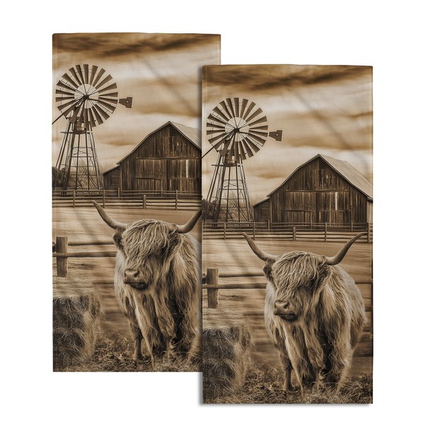 Highland Cow Hand Towels Set of 2 Farmhouse Cattle Decorative