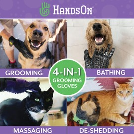HandsOn Pet Grooming Gloves - #1 Ranked, Award-Winning Cat, Dog & Horse Hair Remover Gloves - Bathing, Shedding & Massaging Tool - Gentle Brush for Long & Short Fur (2 Pairs, Purple, S & M)