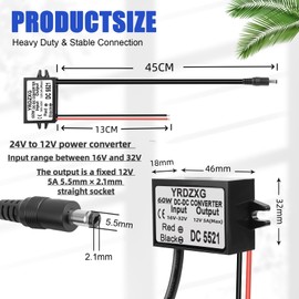 DC 24V to 12V 5A Power Adapter Conversion, with 5.5mmx2.1mm DC Output Jack (Input Range 16V-32V), Compatible with LED Lights, GPS, routers, and Bluetooth Speakers for 12V Voltage Regulation