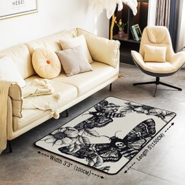 Death Moth Area Rug for Boys Girls Adult,Gothic Death Skull Carpet 3x5,Youth Bohemian Decorative Accent Rug for Bedroom Living Room Bedside,Young Man Skeleton Bones Indoor Floor Mat,Black