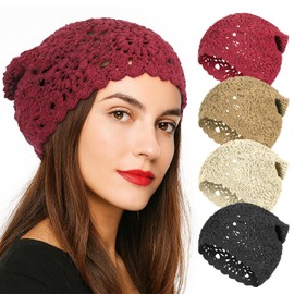 4 Pcs Crochet Slouchy Beanie Hat, Fall Handmade Skull Cap Cotton Cutout Floral Hats for Girls and Women