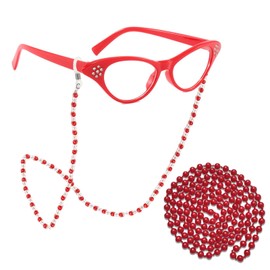 HIYMDOIT Old Lady Costume for Women Rhinestone Cat Eye Glasses Sunglass Chain Beaded Faux Pearl Necklace Costume accessories for Party (Red)
