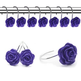 FINROS 12 PCS Home Fashion Decorative Anti Rust Shower Curtain Hooks Rose Design Shower Curtain Rings Hooks (Purple)