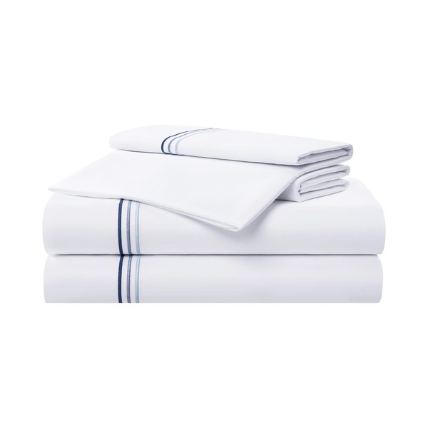 Aston & Arden Sateen Sheet Set - 100% Cotton 600 Thread Count Luxurious Hotel Silky Sheets, Pristine White with Fine Baratta Embroidered 3-Striped Hem, Wrinkle Resistant, Queen, Lapis Blue