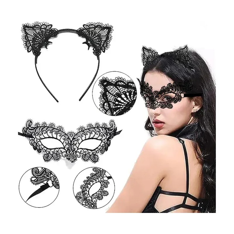 Set de Antifaces de Encaje y Diademas Orejas Gato 20