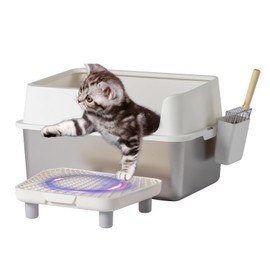 Outvita Enclosed Stainless Steel Cat Litter Box with Lid, Extra Large Litter Box for Big Cats, XL Metal Litter Pan Tray with High Wall Sides, Non-Sticky, Anti-Leakage, Easy Cleaning（White）
