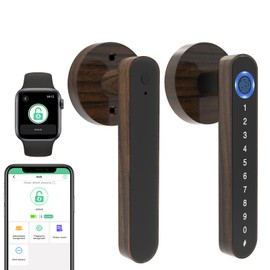 Fingerprint Handle Door Lock eLinkSmart Wood Grain Metal Smart Door Lock Levers Keyless Entry Door Knob for Bedroom Door Wood Colour eSmartLock App Phone & iOS Watch