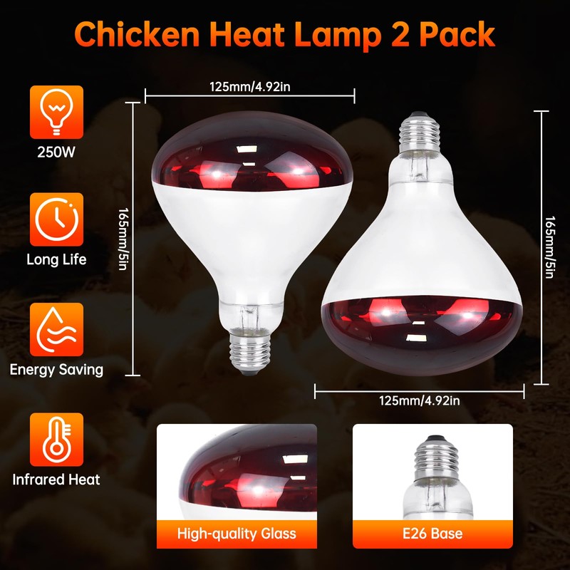 LUCKY HERP Heat Lamp for Chickens, 250 Watt Red Heat