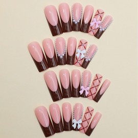 Press on Nails Long Coffin Square Nude Pink White 3D Bow French Tip Fake Nails Long with Designs Full Cover False Nails Square French Tip Glue on Nails Cute Long Coffin Square Acrylic Thick Stick on Nails for Women Nails Art 24Pcs CZ312-B7