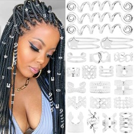 Vaikby - 103 piezas de joyería de plata para trenzas, puños y anillos, joyería Loc para mujeres negras, accesorios de cabello dorado de metal, decoraciones trenzadas, abalorios para rastas y trenzas