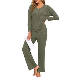 PrinStory Womens Pajama Sets Long Sleeve Lounge Set 2 Piece Pajamas Fall Winter Pjs for Woman Loungewear with Pockets Army Green-S