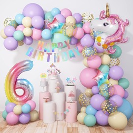 120Pcs 6th Unicorn Balloons Arch Garland Birthday Party Decorations Girls Purple Pink Pastel Macaron Balloons with Huge 3D Unicorn Age Foil Balloons Happy Birthday Banner Set