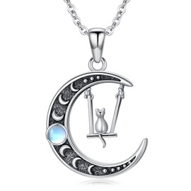Qyvit Cat Necklace 925 Sterling Silver Moon Pendant Pet Necklace Cute Animal Jewelry Gifts for Cat Lovers Women Mom