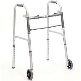 Folding Walker with Wheels - Two Button Walkers for Seniors Lightweight with Silver Steel Frame - Height Adjustable Adult Walker with 350 lbs Weight Capacity