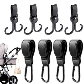 Pack of 8 Velcro Pram Hooks Set for Changing Bags, Leather Bag Hooks for Backpacks, Purses etc., Universal Pram Accessories for Hanging Bags and Shopping (Black)
