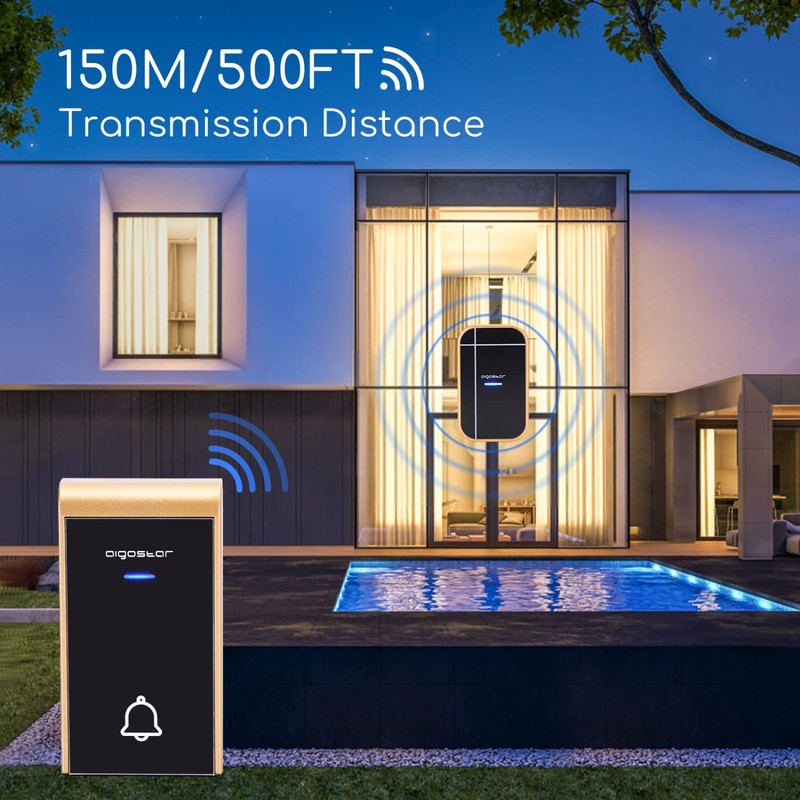 Aigostar doorbell, waterproof portable wireless bell set, doorbell kit, wireless