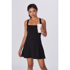 Womens Tennis Dress Square Neck Bodice Dress Sleeveless Built in Shorts Golf Athletic Dress Black