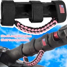 4 x Roll Bar Grab Handles Grip Handle for Jeep Wrangler JK JKU JL JLU TJ YJ Sport Sahara Freedom Rubicon Unlimited Gladiator JT 1955-2023 UTV ATV Premium Paracord Interior Accessories US Flag (Pink)