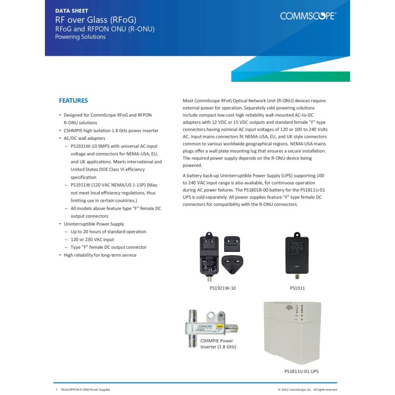 ARRIS PS1921W-10 Power Supply for RFoG ONU