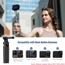 Extendable Mini Tripod for DJI Osmo Action 5 Pro/4/3,Action Camera Selfie Stick Handle Grip Tripod for Insta 360 Ace Pro 2 & Hero 13/12/11/10/9,Brave 8/7 Small Holder Stand for Video Recording(Black)