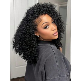 Wiggins Curly Half Wig Human Hair Glueless Wigs Upgrade 3 IN 1 Half Wig With Drawstring Seamless Clip Ins Flip Over Kinky Curly Human Hair No Glue No Lace For Women 18 Inch