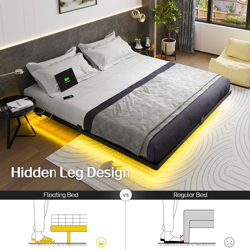 King Size Floating Bed Frame with Smart LED Lights and