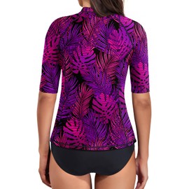 Daci Women Purple Leaf 2 Piece Rash Guard Short Sleeve Bathing Suit with Bottom Built in Bra Swimsuit UPF 50 L
