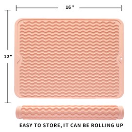 MicoYang Silicone Dish Drying Mat for Multiple Usage,Easy clean,Eco-friendly,Heat-resistant Silicone Mat for Kitchen Counter or Sink,Refrigerator or drawer liner Pink L 16 inches x 12 inches