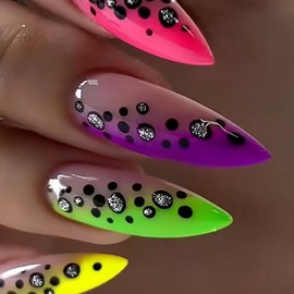 Almond Press on Nails with Glitter Polka Dots, Ombre Gradient Design Medium Fake Nails, Multi-Color Pink Purple Green Yellow Tips Glue on Nails for Women Girls, 24 Pieces