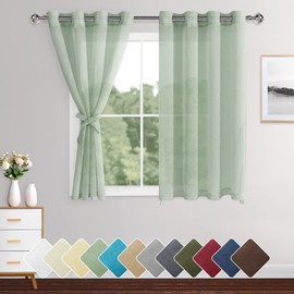 XWZO Sheer Curtains 2 Panels Linen Look Voile Curtains Semi Transparent Grommet Tieback Window Curtains for Bedroom,Light Filtering,Airy & Breathable Voile Drapes,Bean Green,W55*L57